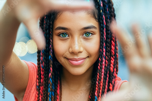 Playful cool funky hipster latina gen z girl with colorful braids smiling outdoors
