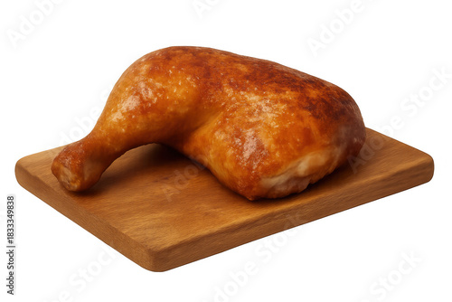 Golden brown roasted chicken leg quarter on a wooden cutting board, isolated with transparent background