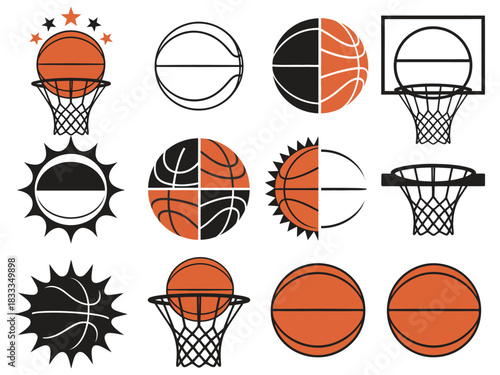 basketball logo icon set, including black basketball symbols, equipment illustrations, vector designs for sports branding, team logos, tournament graphics, and athletic design projects.