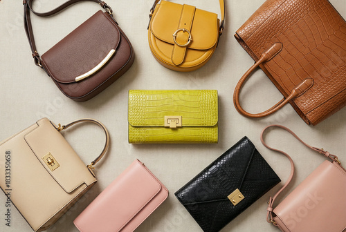 Assorted handbags in various colors arranged on neutral background