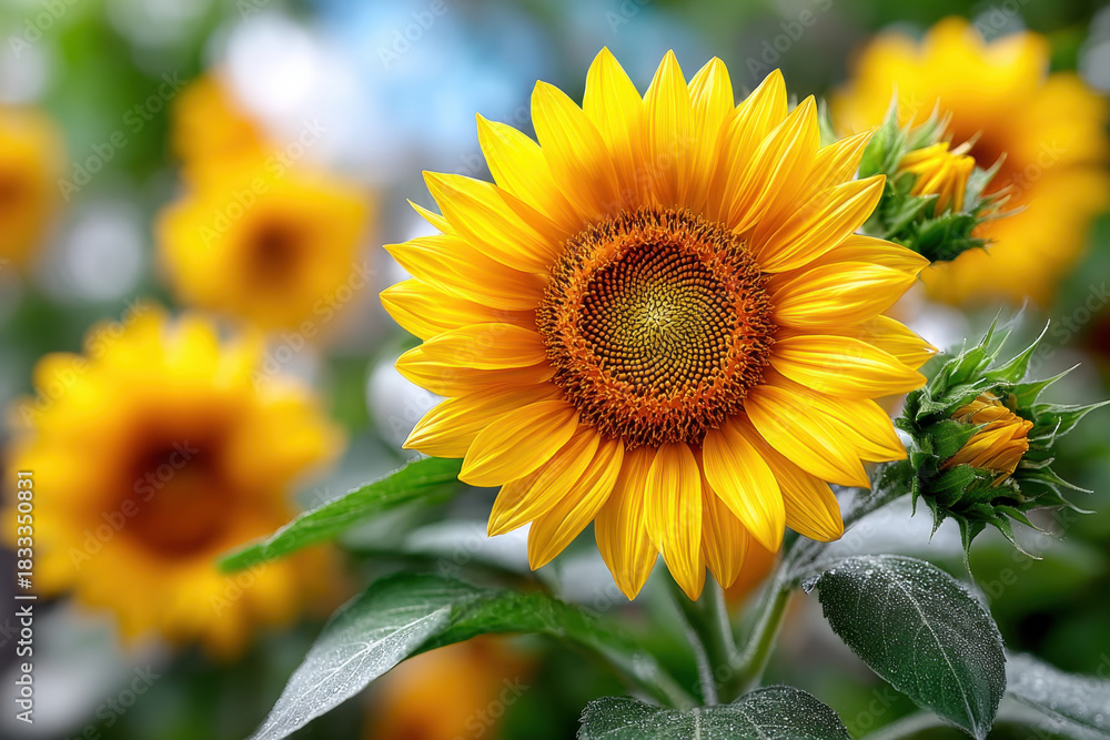 Fototapeta premium Close up of bright yellow sunflower with blurred background