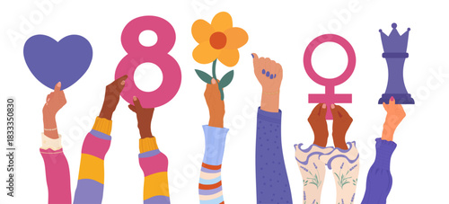 Diverse women raise symbols of strength and empowerment for International Women s Day
