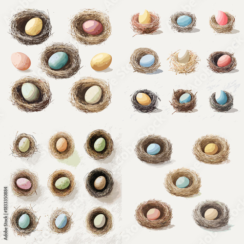 Delicate watercolor nests with pastel colored eggs arranged in soft natural compositions. Perfect for spring themes, Easter designs, nature illustrations, and decorative artwork.