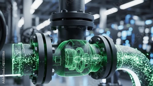 Industrial black pipe system being scanned by a green laser beam revealing internal wireframe gears and digital flow data in a futuristic factory
