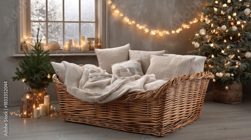 A warm bedroom features a wooden bed with gray blankets, soft pillows, and a festive tree while letting in a bright winter landscape