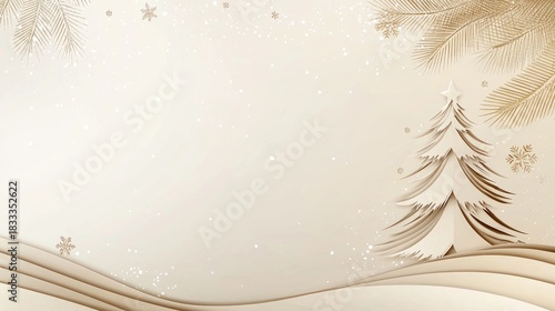 Decorative elements create a festive atmosphere with a wooden tree, golden ornaments, and neatly wrapped gift boxes on a warm backdrop