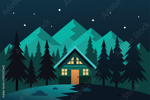 Winter night forest landscape with cabin glowing windows and starry sky background