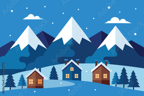 Winter night landscape with snow covered mountains houses and falling snowflakes
