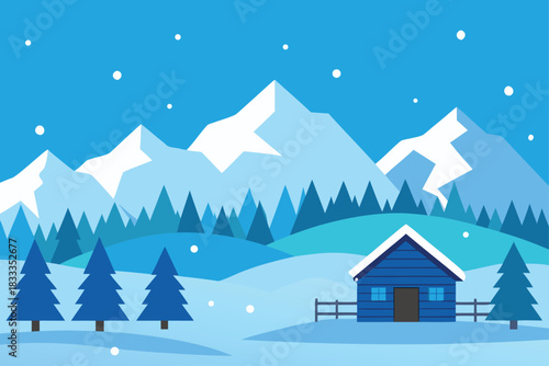 Snowy winter landscape with mountains fir trees cabin and falling snow background