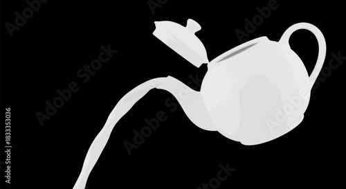 Elegant White Teapot Pouring Liquid Against a Dark Background.