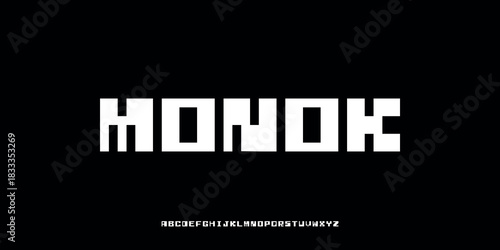 Vector illustration of a block style, geometric, and futuristic alphabet letter display with bold characters and stiff and symmetrical letter shapes.