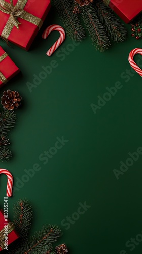 Colorful wrapped gifts sit alongside candy canes and fresh evergreen branches, creating a joyful holiday scene perfect for celebration