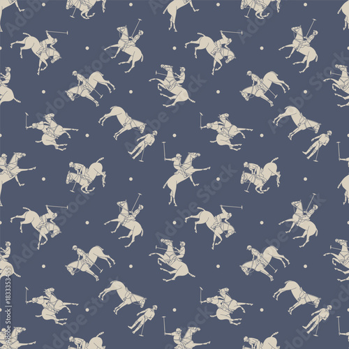 Seamless pattern of polo players on ponies with mallets and balls