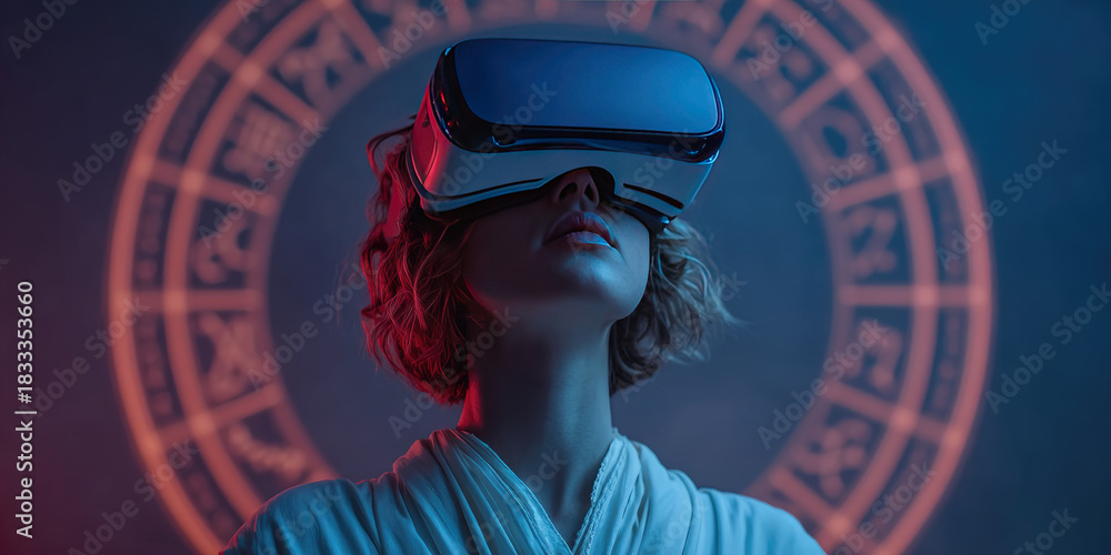 Obraz premium Astrology Forecast with Modern Technology: Person Using VR Headset to View 3D Zodiac Wheel in Neon Lights, Futuristic Horoscope Concept with Copy Space