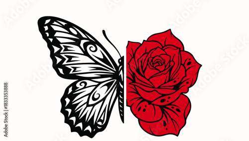 Butterfly Rose Fusion Silhouette Art, butterfly rose, fusion design, half butterfly half rose, stencil art, tattoo illustration, black white butterfly, red rose art, symbolic design, elegant fusion, 
