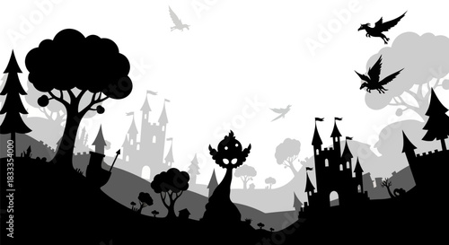 Enchanting Silhouette Landscape - A Whimsical Castle and Nature Scene.