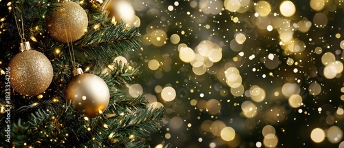 Decorative Christmas tree featuring shiny black and gold ornaments, with twinkling lights creating a festive atmosphere in the background
