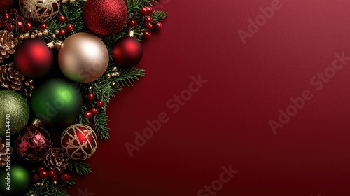 Wallpaper Mural Colorful Christmas ornaments, pine branches, and pine cones create a festive atmosphere on a rich red background, perfect for holiday cheer Torontodigital.ca