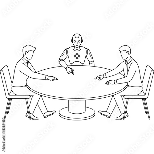 Robot and humans collaborate at table, analyzing data on tablet screen Vector