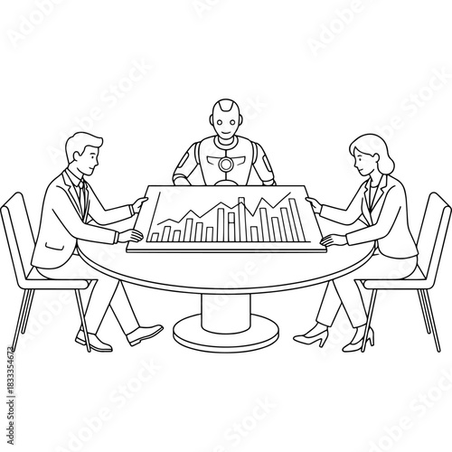 Robot and people analyze financial chart together at table, business meeting concept Vector