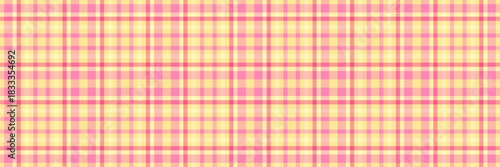 Ornamental plaid pattern fabric, close up texture vector background. Wear check tartan seamless textile in yellow and pink colors.