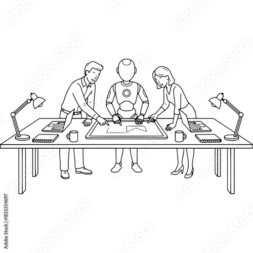 Robot and humans collaborate on blueprint at desk with laptops and lamps Vector