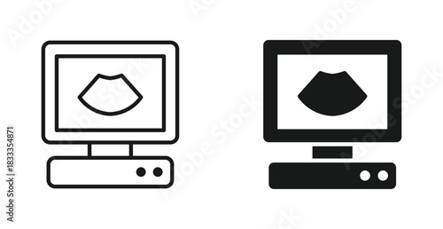 Ultrasound machine icon set in outline and silhouette style, symbolizing medical imaging, prenatal care, diagnostics, and healthcare technology, vector illustration.