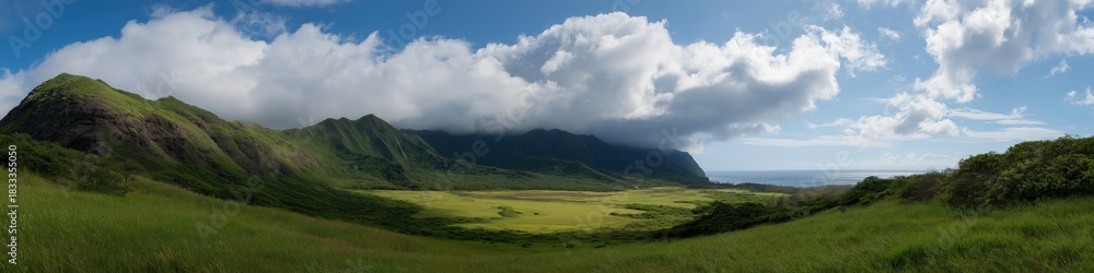 Fototapeta premium Lush green valley with expansive mountains and majestic clouds under blue sky
