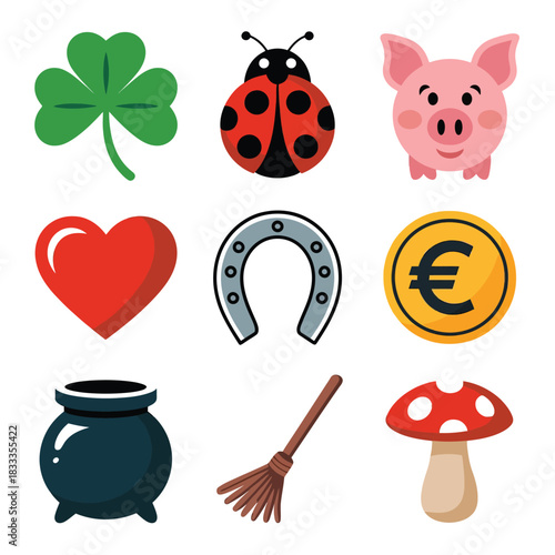 A collection of symbols representing luck and good fortune are displayed.