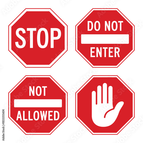 A collection of four red octagonal traffic signs including stop, do not enter, not allowed, and a hand symbol.