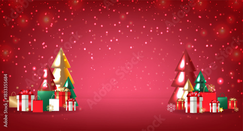 Xmas Poster Podium And Fir Tree And Gift Box