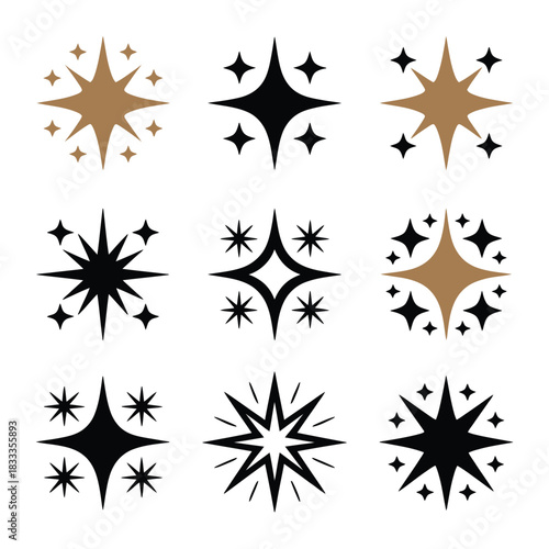 A grid of nine abstract starburst and sparkle graphic elements in gold and black.