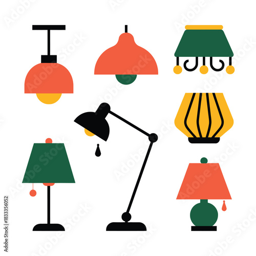 Various styles of indoor lighting fixtures are displayed in a flat design.
