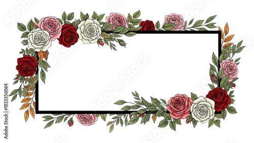 High-quality colorful black outline art of a rectangular floral border with roses and leaves, elegant botanical line design, flowing around the edges