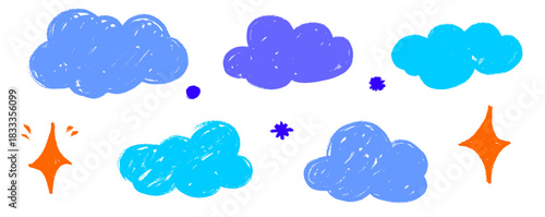 Pastel cloud sketches mixed with crayon strokes create a light hand-drawn illustration, sprinkled with star elements. Cloud outlines, pastel shading and crayon marks pair with bright star accents.