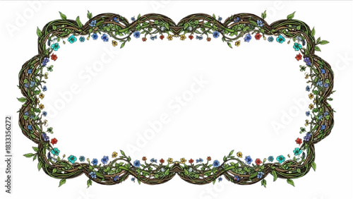 High-quality colorful black outline art of a scalloped frame made of intertwining vines and tiny flowers, elegant botanical line design 
