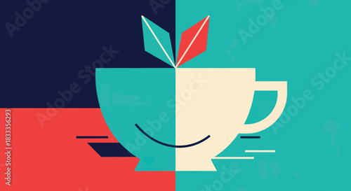 Stylized Tea Cup with Leaves in a Split Color Design.