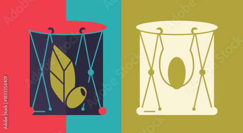 Two Colorful Drums with Unique Designs and Ropes.