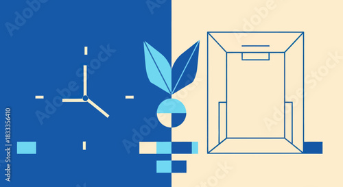 Time Management and Productivity Illustration with Clock, Plant, and Room.