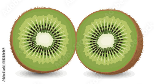 Two Sliced Kiwi Fruits with Seeds and Green Flesh.