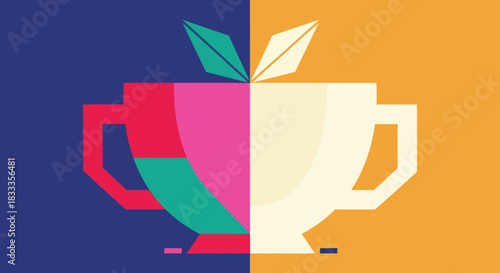 Two Tea Cups in Contrasting Colors with Leaf Accents.