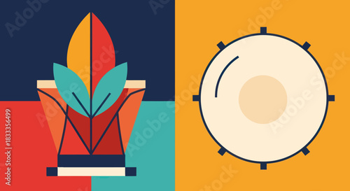 Vibrant cultural symbols - stylized plant and drum illustration.