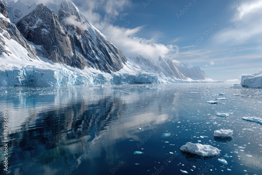 Fototapeta premium Majestic icebergs reflect in calm Arctic waters under a clear sky in a remote location