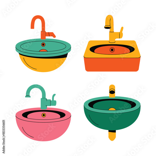 A collection of four colorful sinks with faucets, presented as a graphic illustration.