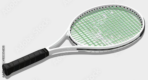 White Tennis Racket with Green Strings and Black Grip.