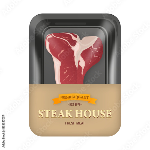 T bone steak in vacuum package for grocery store