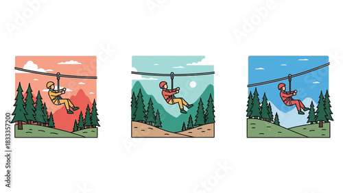 Set of three cartoon illustrations depicting a person zip lining or flying fox adventure activity through a forest landscape with mountains