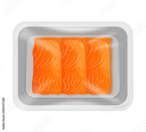 Raw salmon fillets in plastic packaging tray