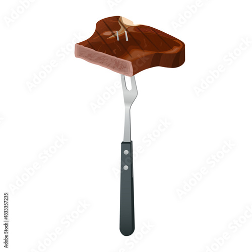 Grilled beef steak on a carving fork