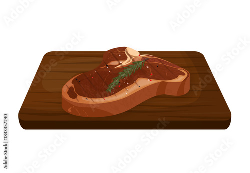 Beef t bone steak on wooden cutting board